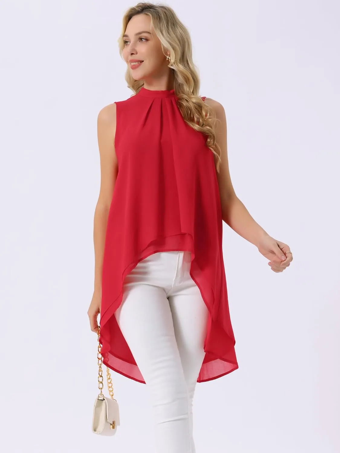 Seta T Women's High Low Tops Mock Neck Chiffon Blouse Tie Back Asymmetrical Sleeveless Shirt Casual Summer Top