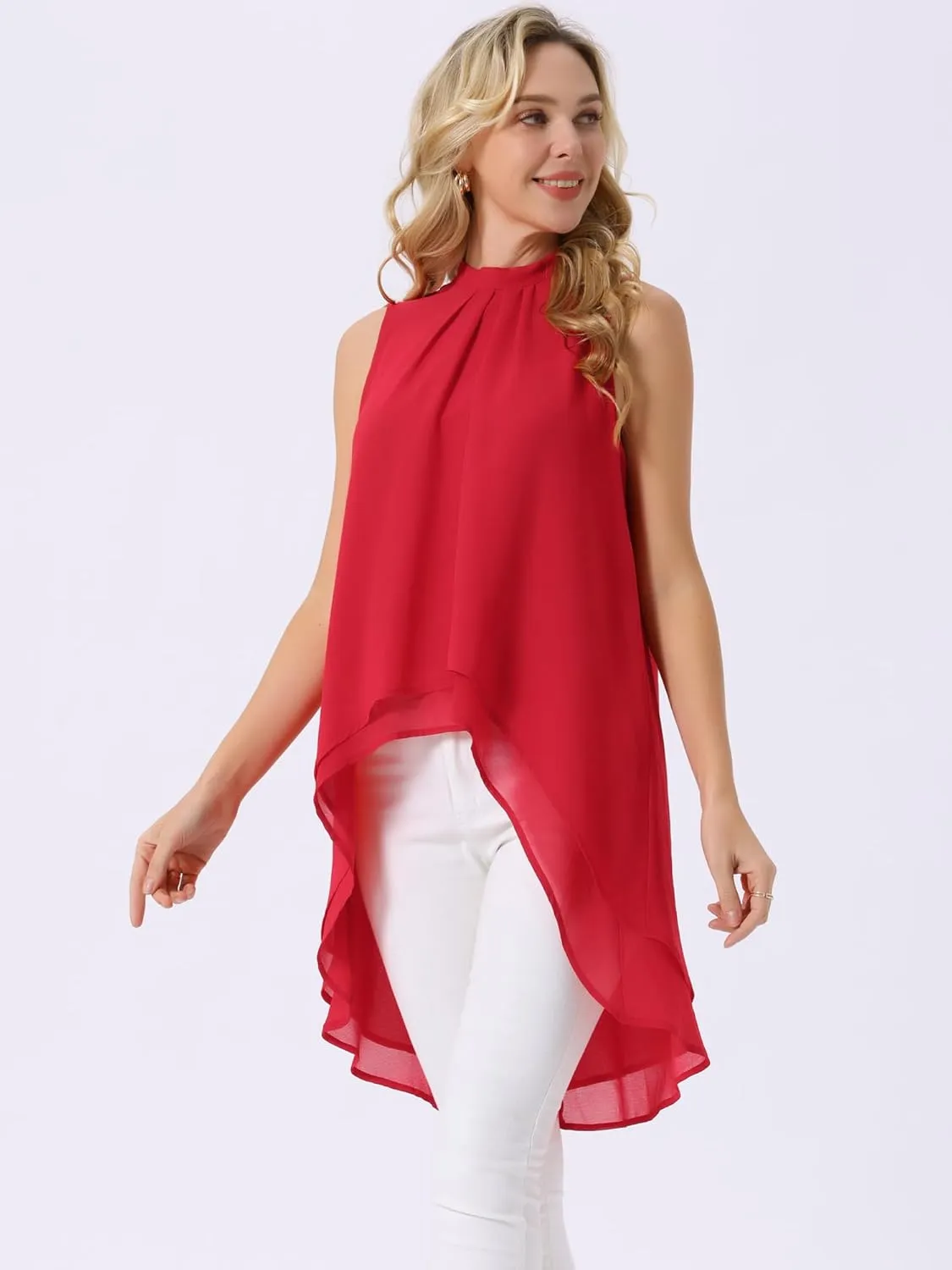 Seta T Women's High Low Tops Mock Neck Chiffon Blouse Tie Back Asymmetrical Sleeveless Shirt Casual Summer Top