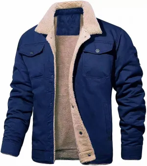 Sherpa Lined Jacket Men Fleece Warm Fuzzy Winter Coats Trucker Lapel Work Cargo Jackets Casual Overcoat with Button