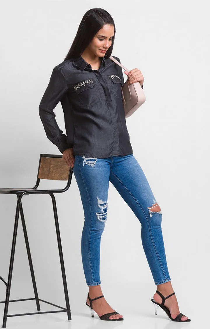 Spykar Black Poly Satin Full Sleeve Denim Shirts For Women