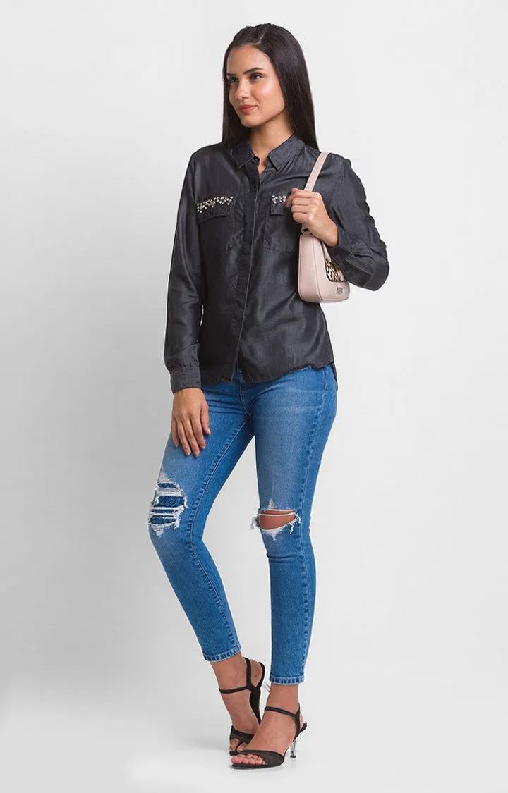 Spykar Black Poly Satin Full Sleeve Denim Shirts For Women