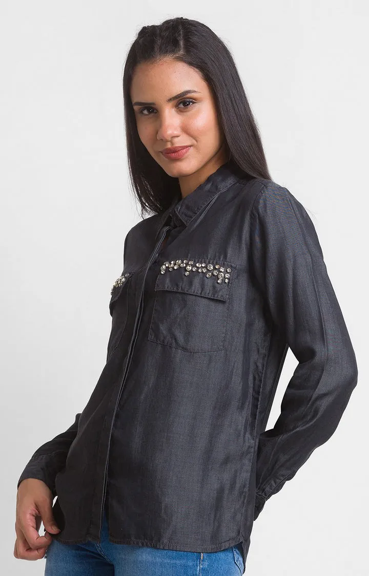 Spykar Black Poly Satin Full Sleeve Denim Shirts For Women
