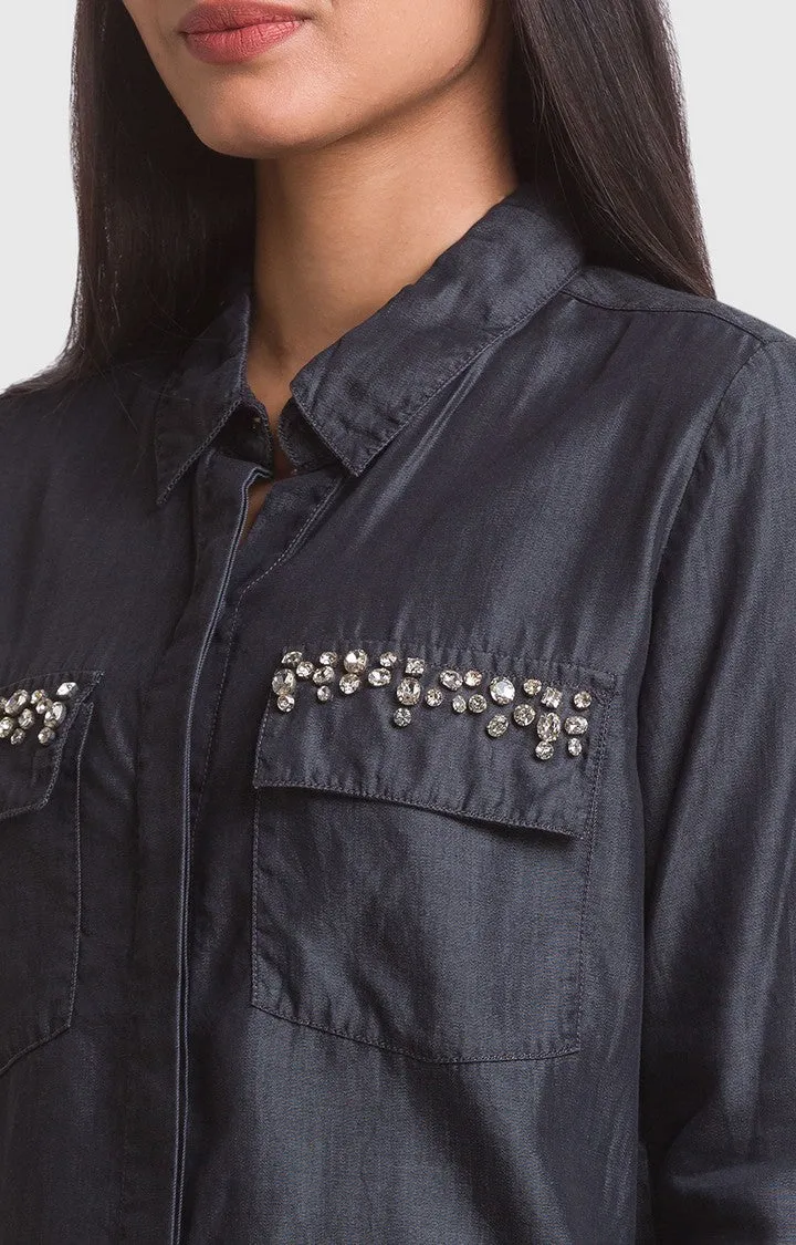 Spykar Black Poly Satin Full Sleeve Denim Shirts For Women