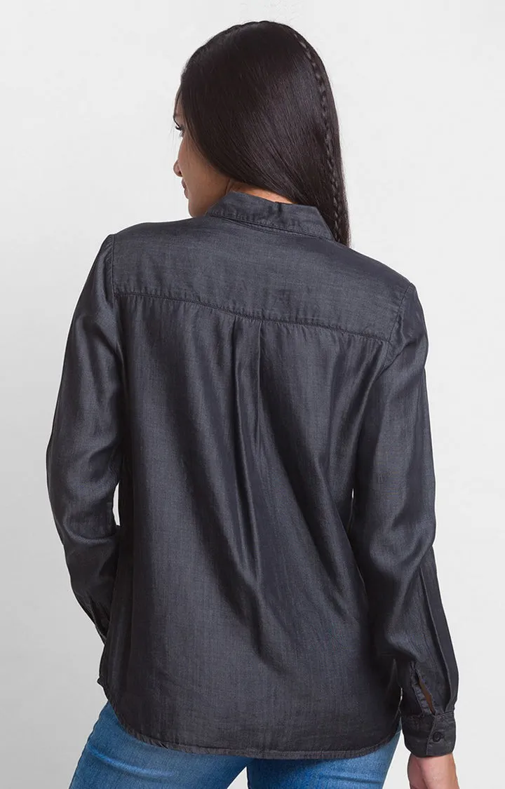 Spykar Black Poly Satin Full Sleeve Denim Shirts For Women