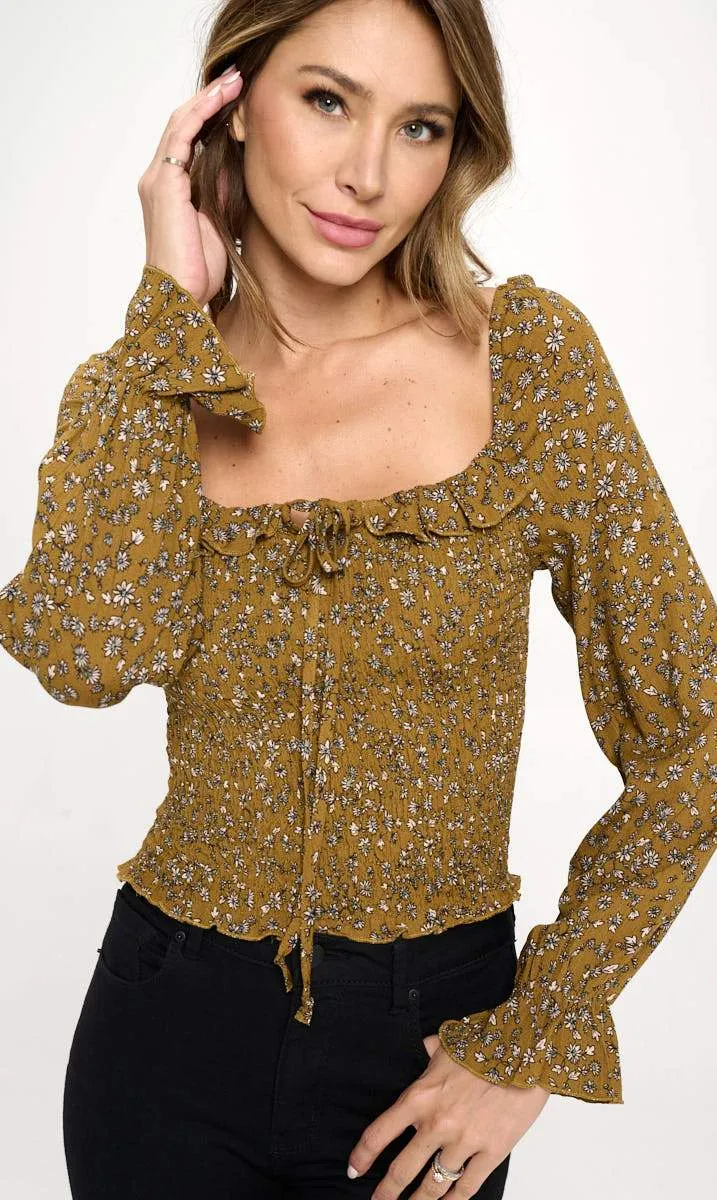 Sqaure Neck Smock Body With Long Sleeve Ditsy Blouse Top