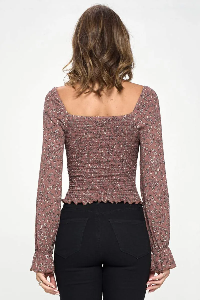 Sqaure Neck Smock Body With Long Sleeve Ditsy Blouse Top