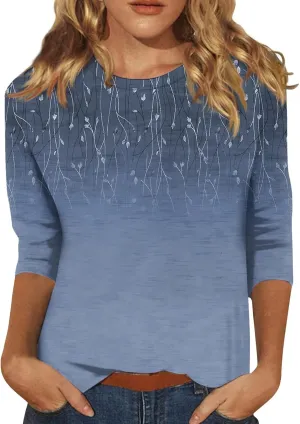 Summer Shirts for Women 3/4 Length Sleeve Crewneck Tops Trendy Loose Casual Printed Three Quarter Cute Blouse