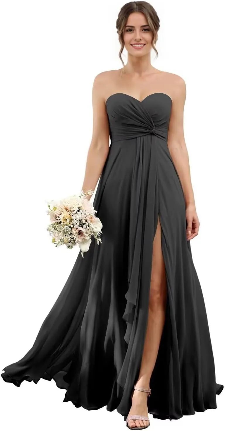 Sweetheart Chiffon Bridesmaid Dresses with Slit Long Pleated Prom Dress Strapless Formal Party Gowns