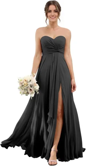 Sweetheart Chiffon Bridesmaid Dresses with Slit Long Pleated Prom Dress Strapless Formal Party Gowns