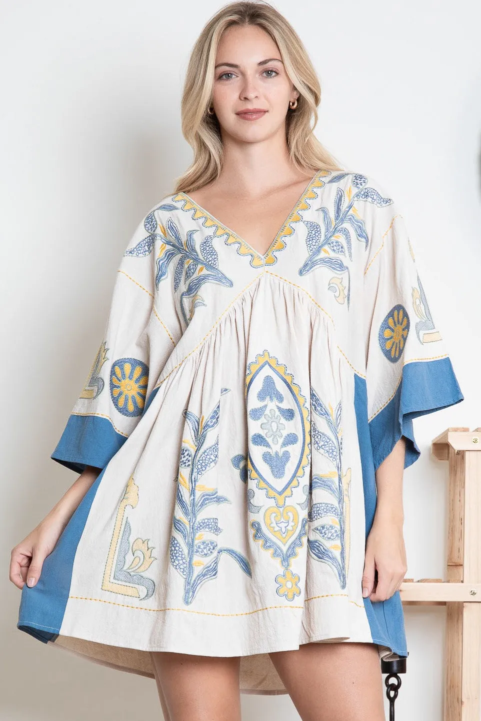 Teal V Neck Embroidered Dress