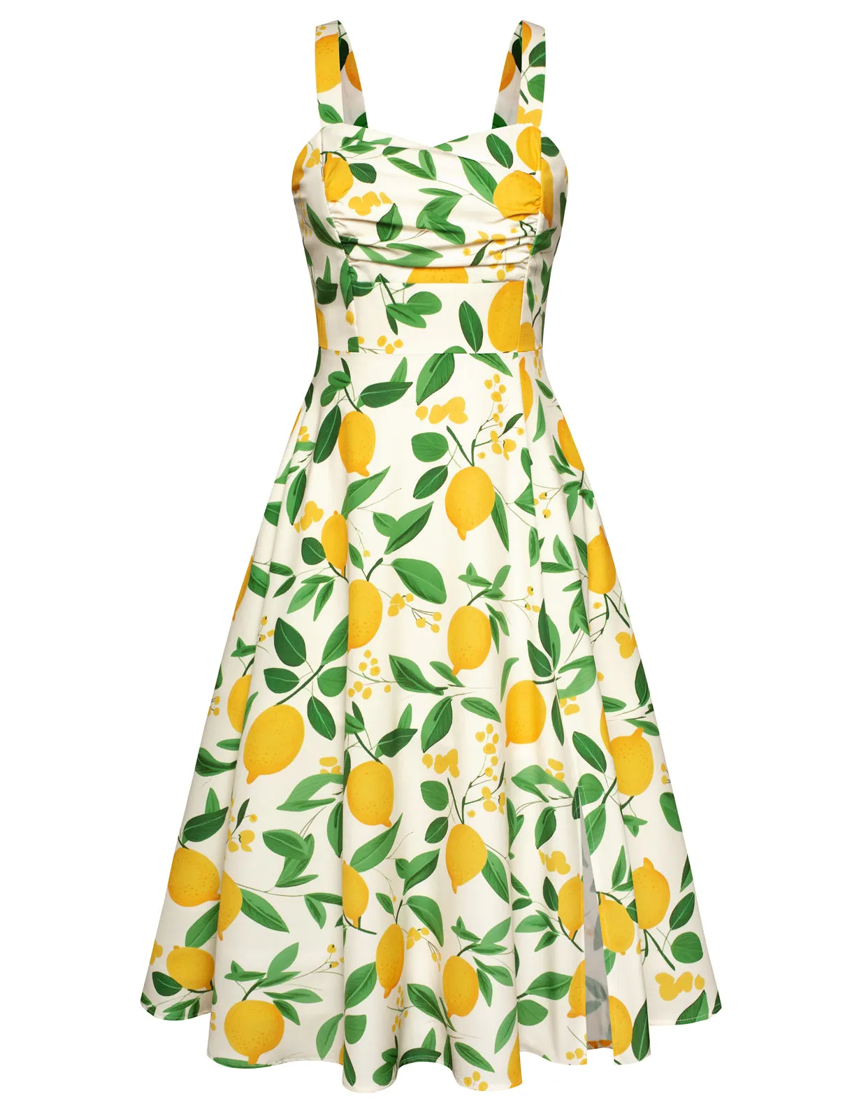 Vintage Strawberry Patterns Cocktail Dress Sleeveless Spaghetti Strap Ruched Slit A Line Swing Dress with Pockets