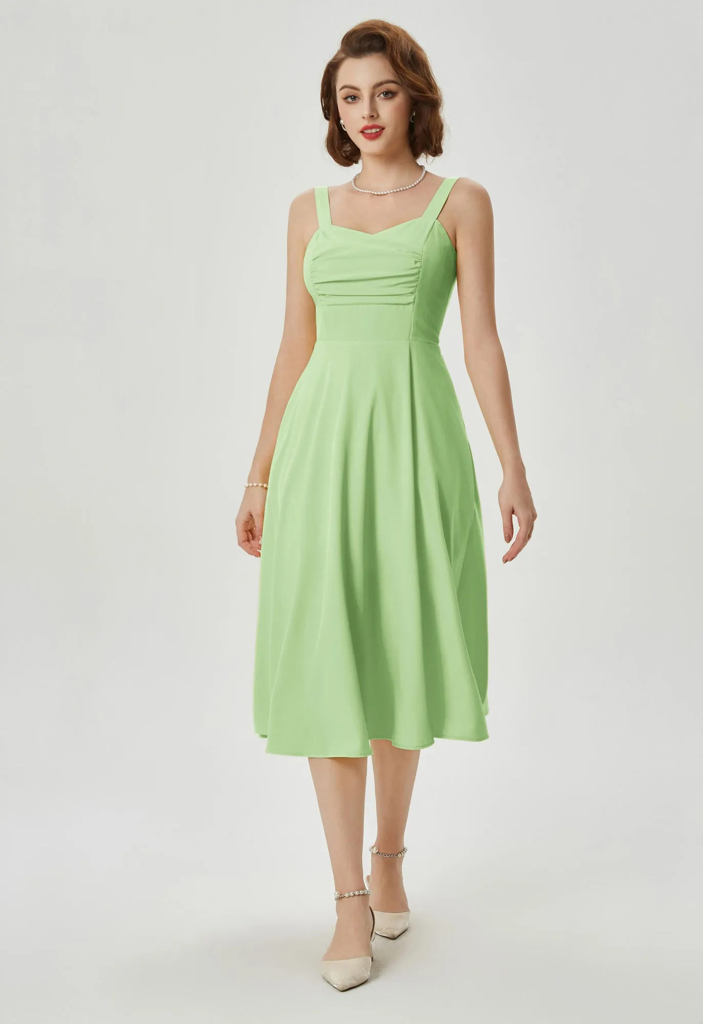 Vintage Strawberry Patterns Cocktail Dress Sleeveless Spaghetti Strap Ruched Slit A Line Swing Dress with Pockets