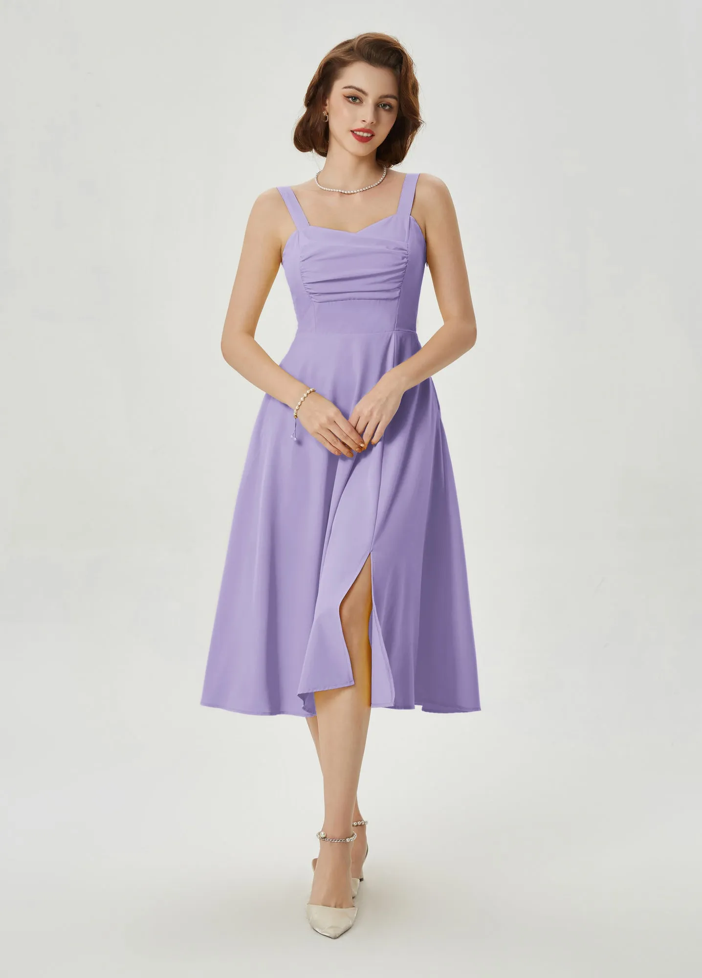 Vintage Strawberry Patterns Cocktail Dress Sleeveless Spaghetti Strap Ruched Slit A Line Swing Dress with Pockets