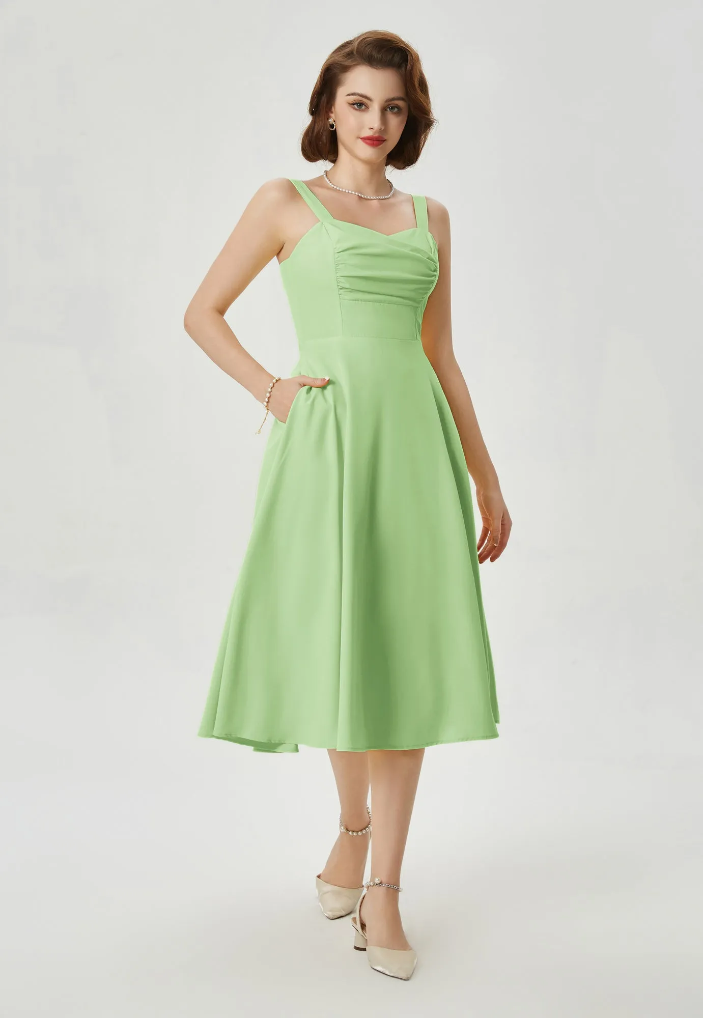 Vintage Strawberry Patterns Cocktail Dress Sleeveless Spaghetti Strap Ruched Slit A Line Swing Dress with Pockets