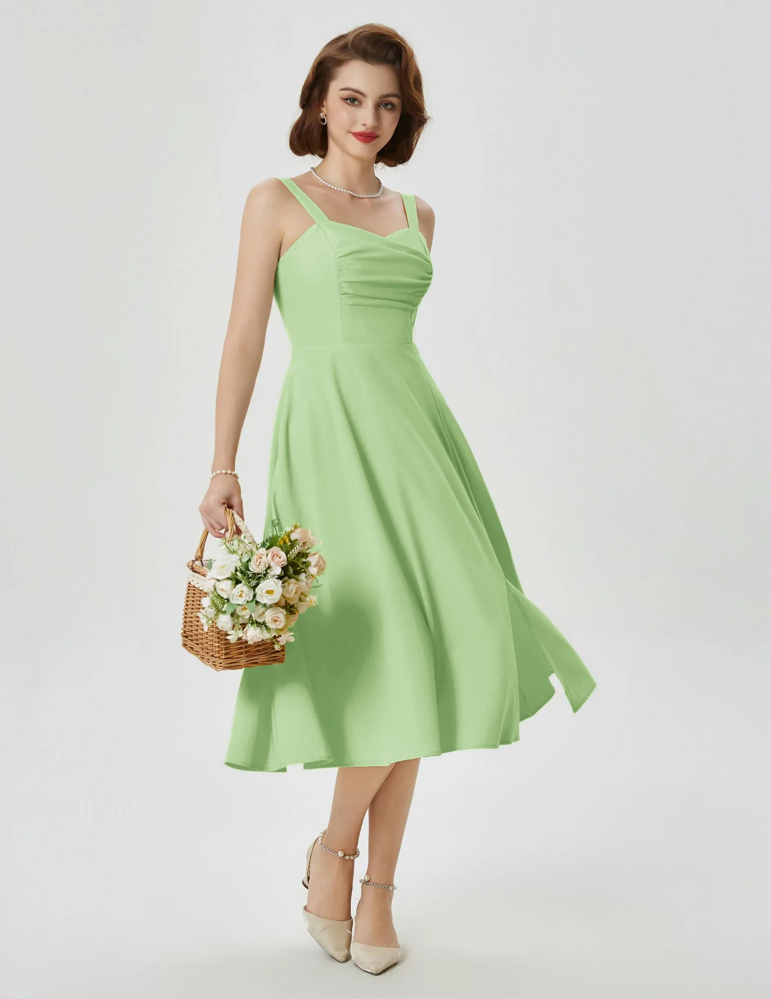 Vintage Strawberry Patterns Cocktail Dress Sleeveless Spaghetti Strap Ruched Slit A Line Swing Dress with Pockets