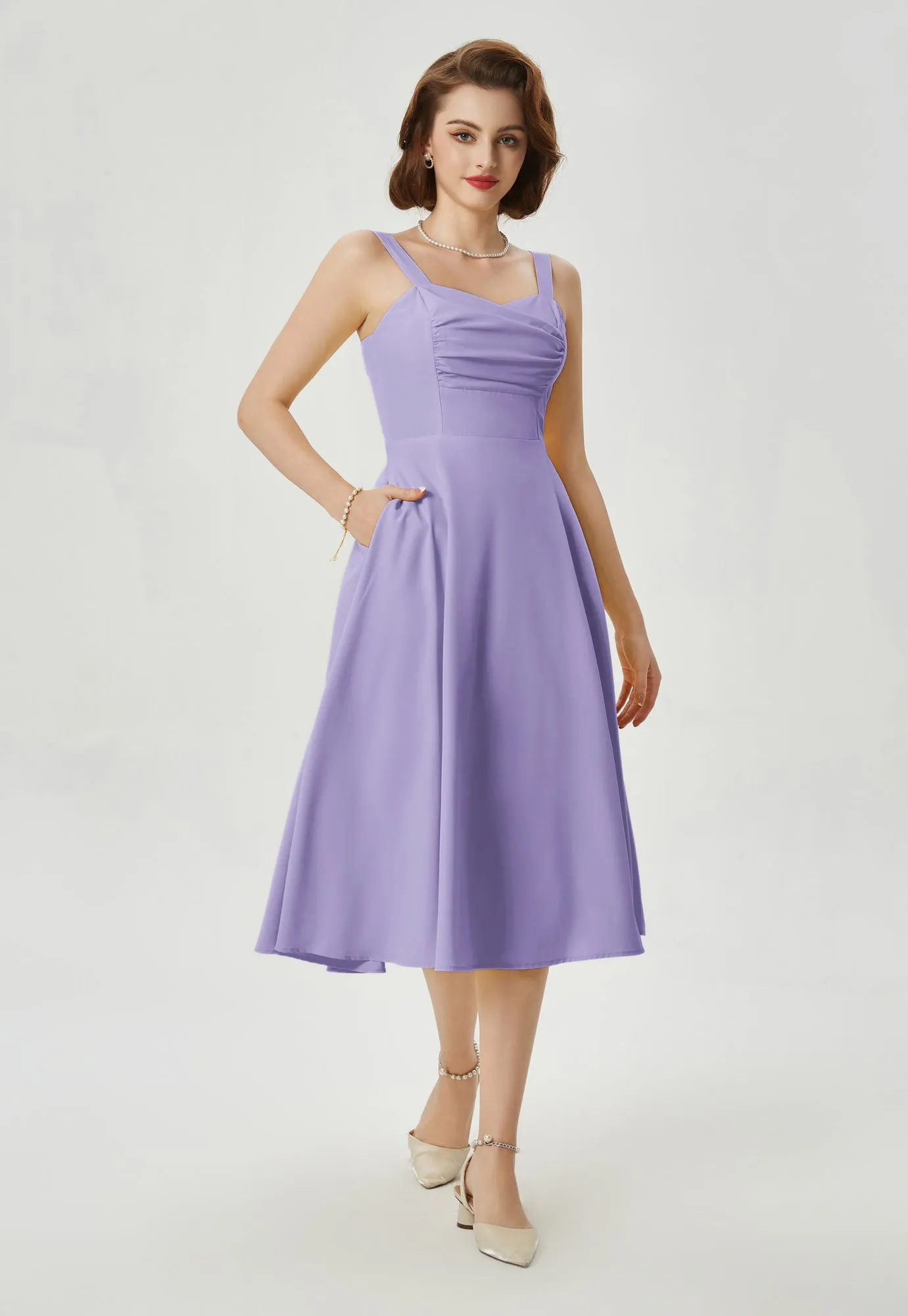 Vintage Strawberry Patterns Cocktail Dress Sleeveless Spaghetti Strap Ruched Slit A Line Swing Dress with Pockets