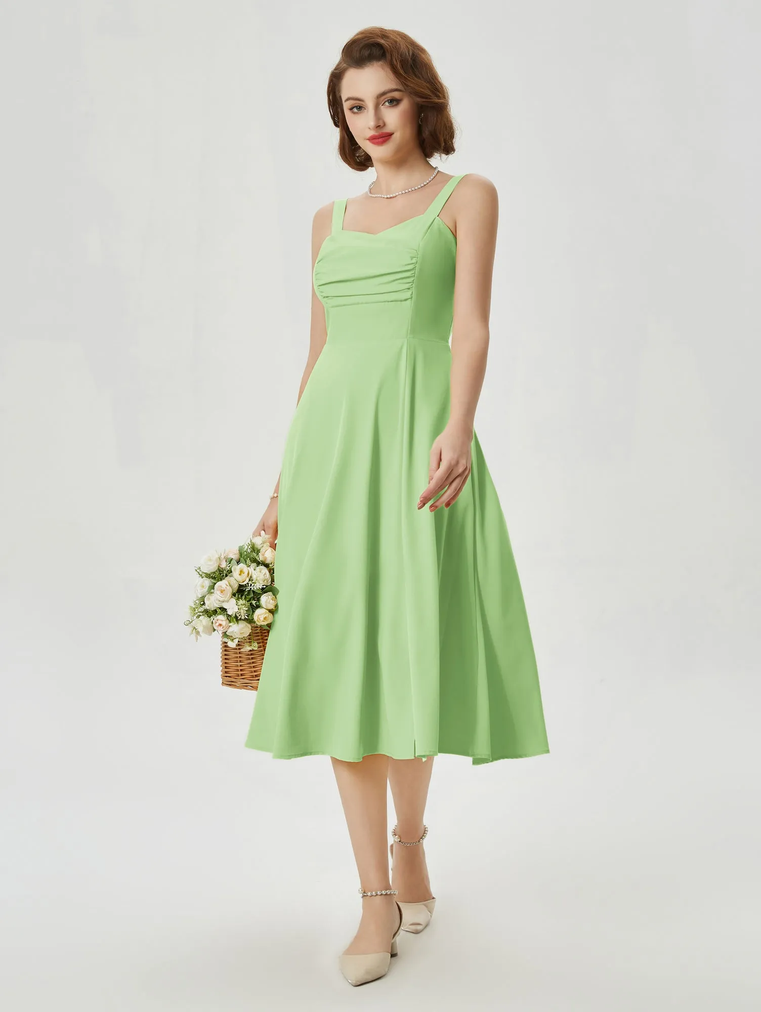 Vintage Strawberry Patterns Cocktail Dress Sleeveless Spaghetti Strap Ruched Slit A Line Swing Dress with Pockets