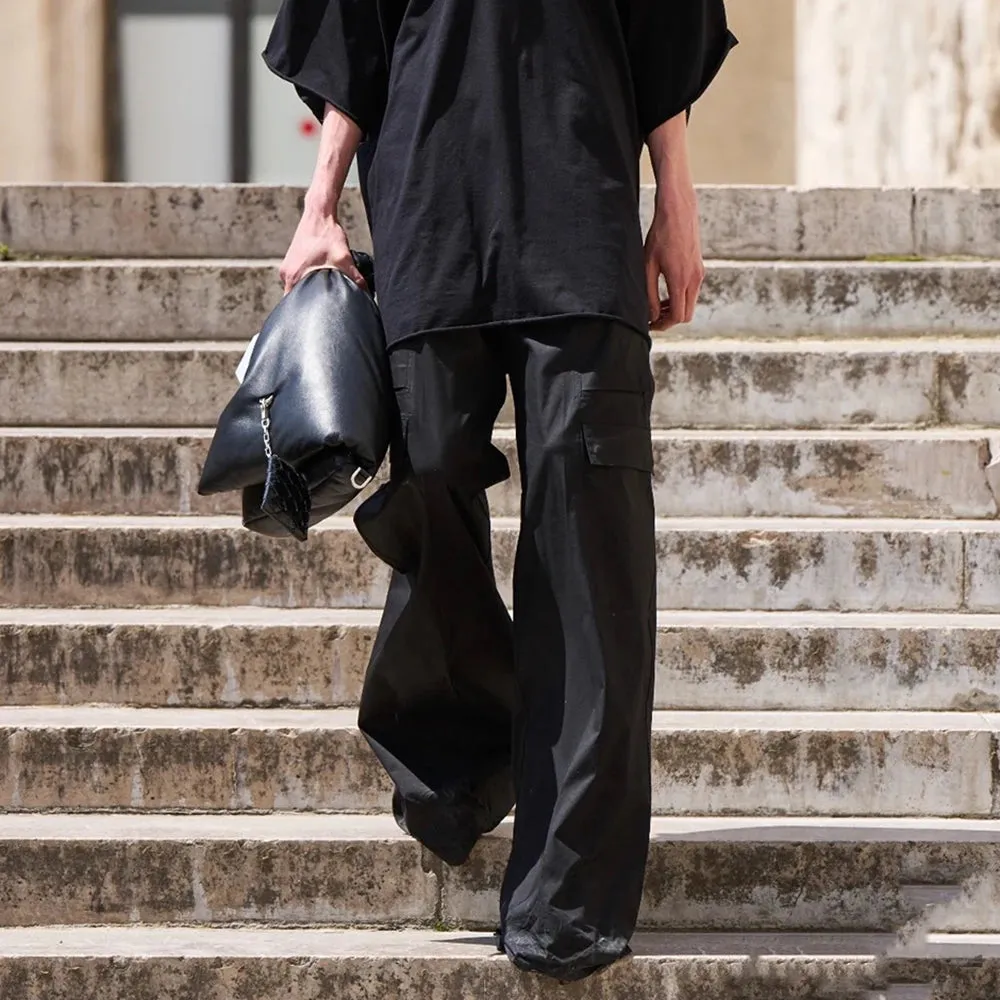 Wide Leg Drawstring Black Cargo Pants Unisex Straight Baggy Loose Oversized shoes covering Trousers