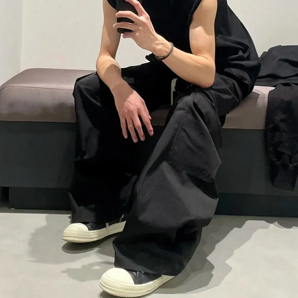 Wide Leg Drawstring Black Cargo Pants Unisex Straight Baggy Loose Oversized shoes covering Trousers