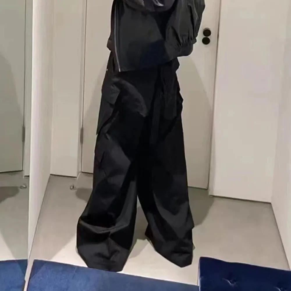 Wide Leg Drawstring Black Cargo Pants Unisex Straight Baggy Loose Oversized shoes covering Trousers