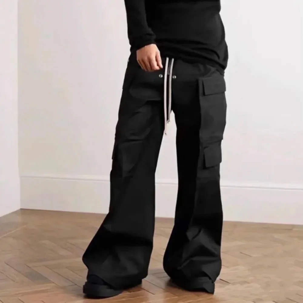 Wide Leg Drawstring Black Cargo Pants Unisex Straight Baggy Loose Oversized shoes covering Trousers