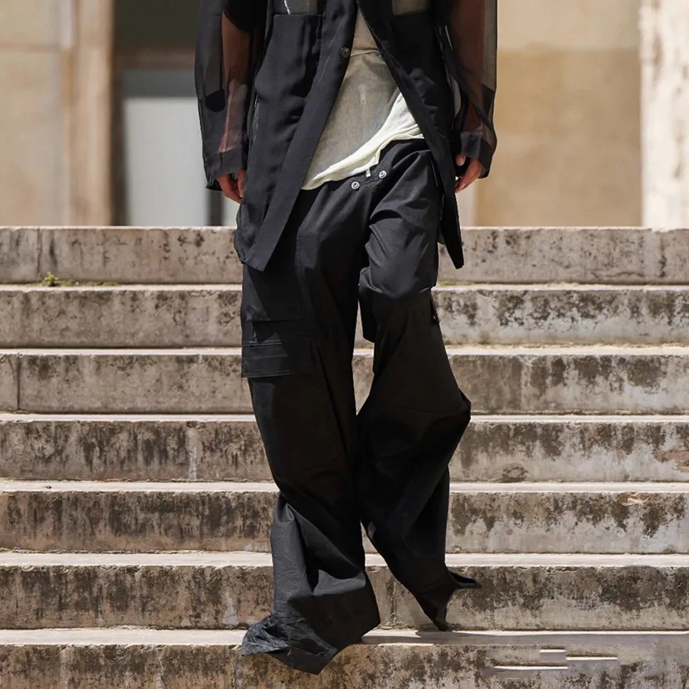 Wide Leg Drawstring Black Cargo Pants Unisex Straight Baggy Loose Oversized shoes covering Trousers