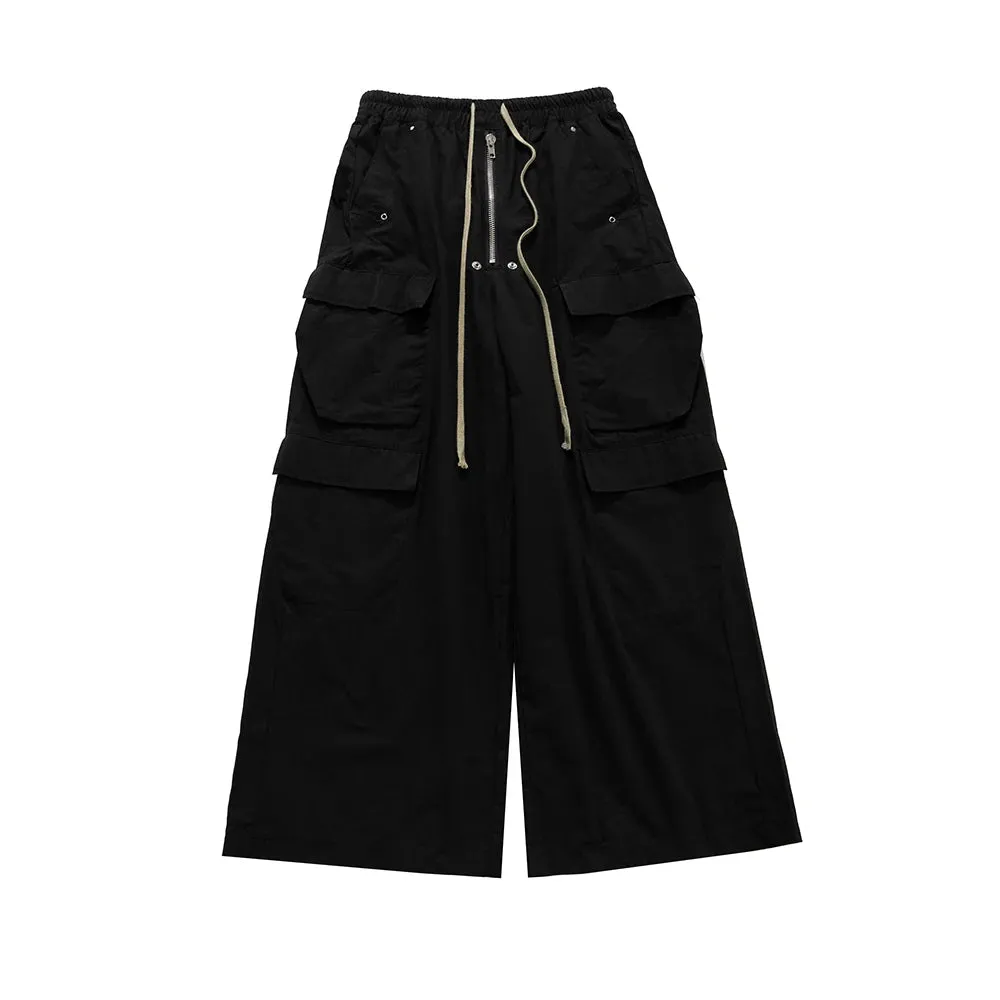 Wide Leg Drawstring Black Cargo Pants Unisex Straight Baggy Loose Oversized shoes covering Trousers