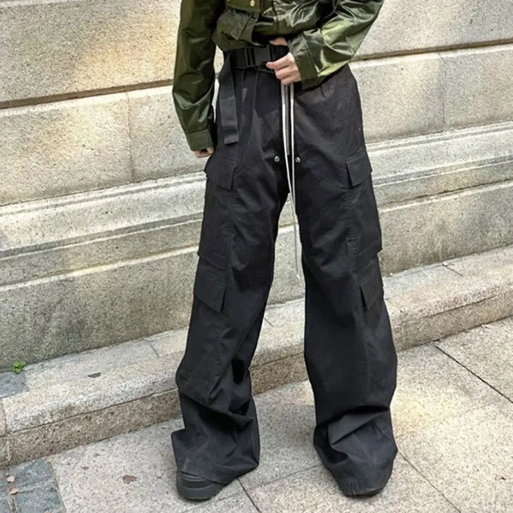 Wide Leg Drawstring Black Cargo Pants Unisex Straight Baggy Loose Oversized shoes covering Trousers