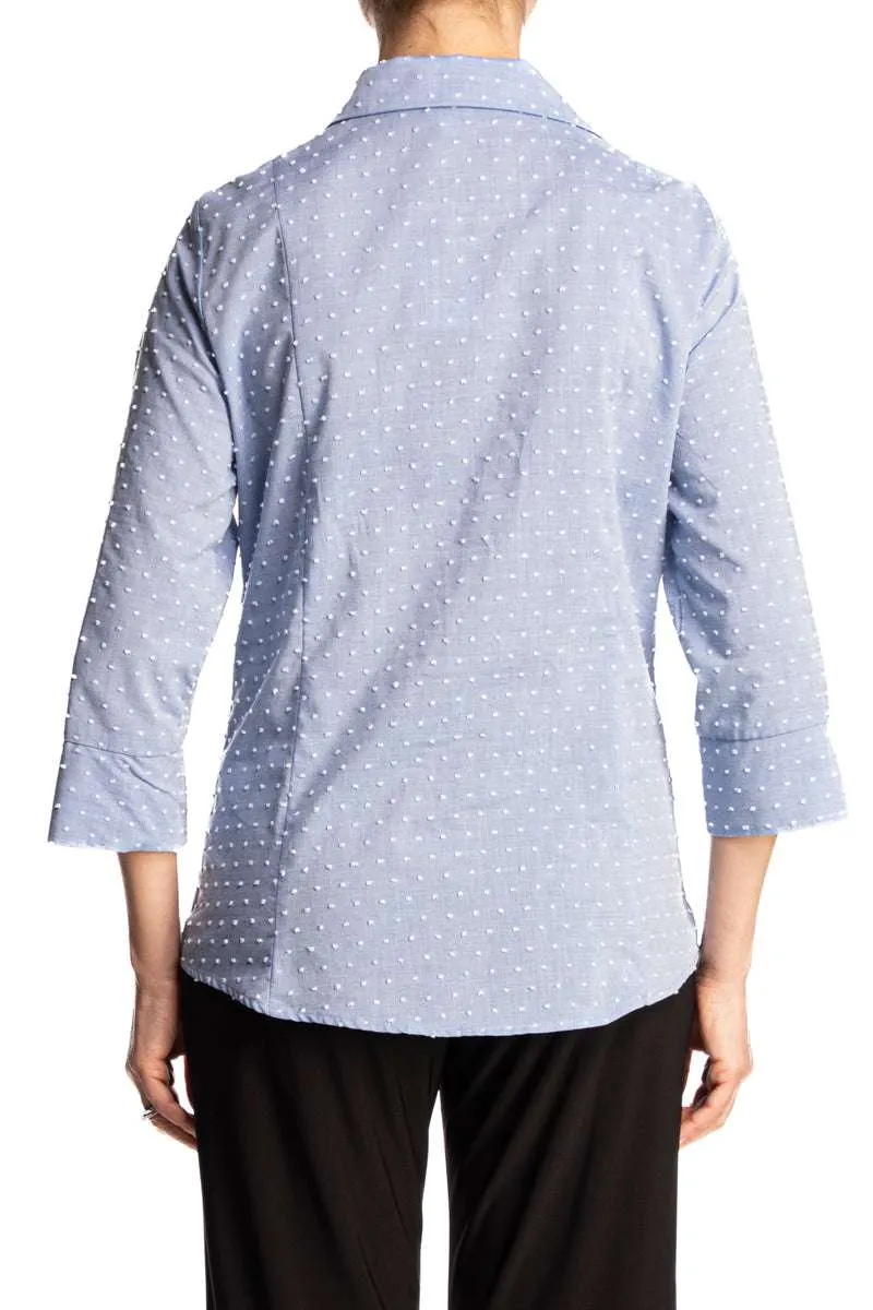 Woman's Blouse Blue Soft Cotton Fabric Quality And flattering fit made In Canada Yvonne  Marie Boutiques