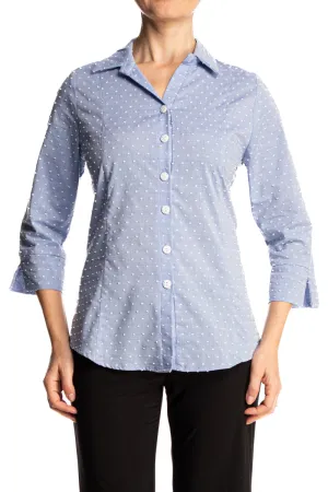 Woman's Blouse Blue Soft Cotton Fabric Quality And flattering fit made In Canada Yvonne  Marie Boutiques