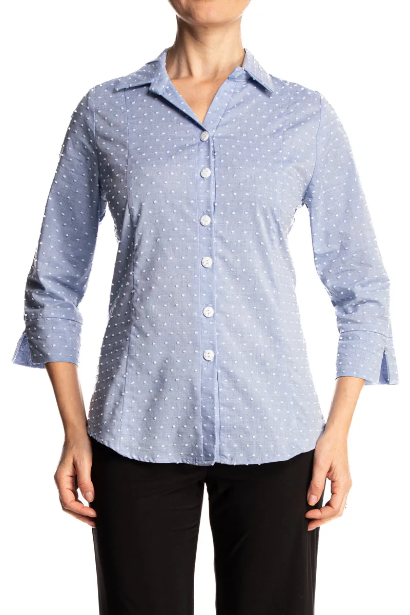 Woman's Blouse Blue Soft Cotton Fabric Quality And flattering fit made In Canada Yvonne  Marie Boutiques