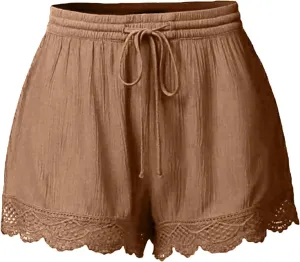 Women Floral Lace Trim Shorts Casual Summer Shorts High Waisted Drawstring Dressy Shorts Trendy Beach Clothes 2024