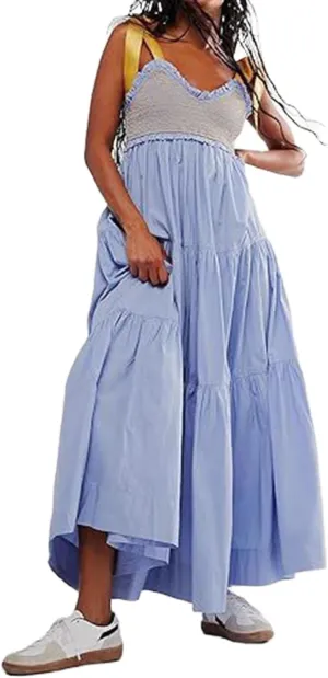 Women's Boho Floral Tiered Maxi Dress Tie Shoulder Sleeveless Floral Flowy Long Smocked Dresses Summer Sundress