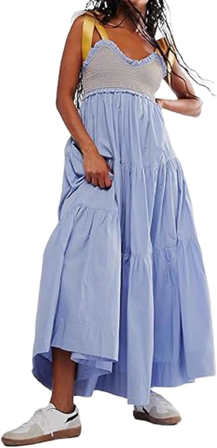 Women's Boho Floral Tiered Maxi Dress Tie Shoulder Sleeveless Floral Flowy Long Smocked Dresses Summer Sundress