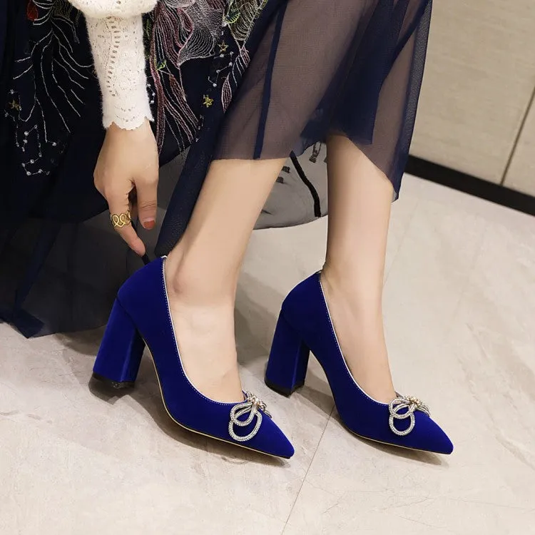 Women's Pumps Suede Pointed Toe Rhinestone Butterfly Knot Chunky Heel Wedding Shoes