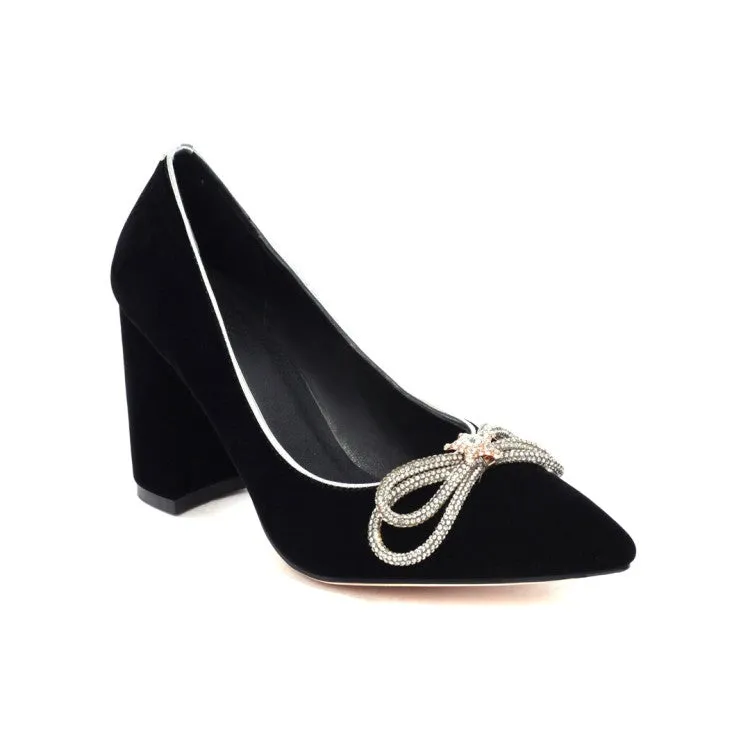 Women's Pumps Suede Pointed Toe Rhinestone Butterfly Knot Chunky Heel Wedding Shoes