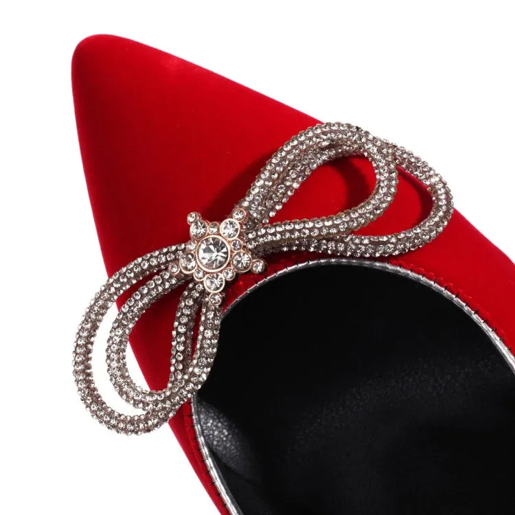 Women's Pumps Suede Pointed Toe Rhinestone Butterfly Knot Chunky Heel Wedding Shoes