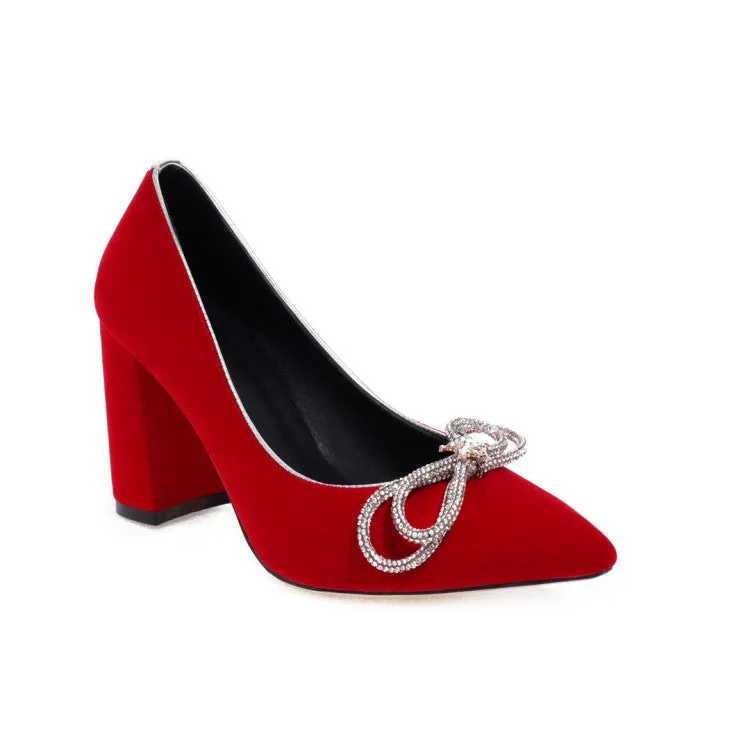 Women's Pumps Suede Pointed Toe Rhinestone Butterfly Knot Chunky Heel Wedding Shoes
