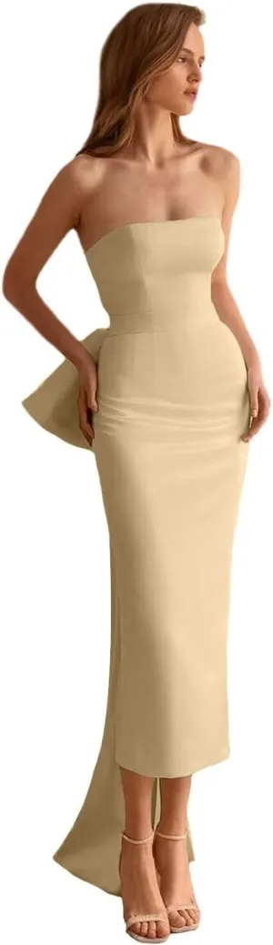 Women's Satin Mermaid Prom Dresses Off Shoulder Cocktail Dress with Slit Formal Evening Gowns with Detachable Bow