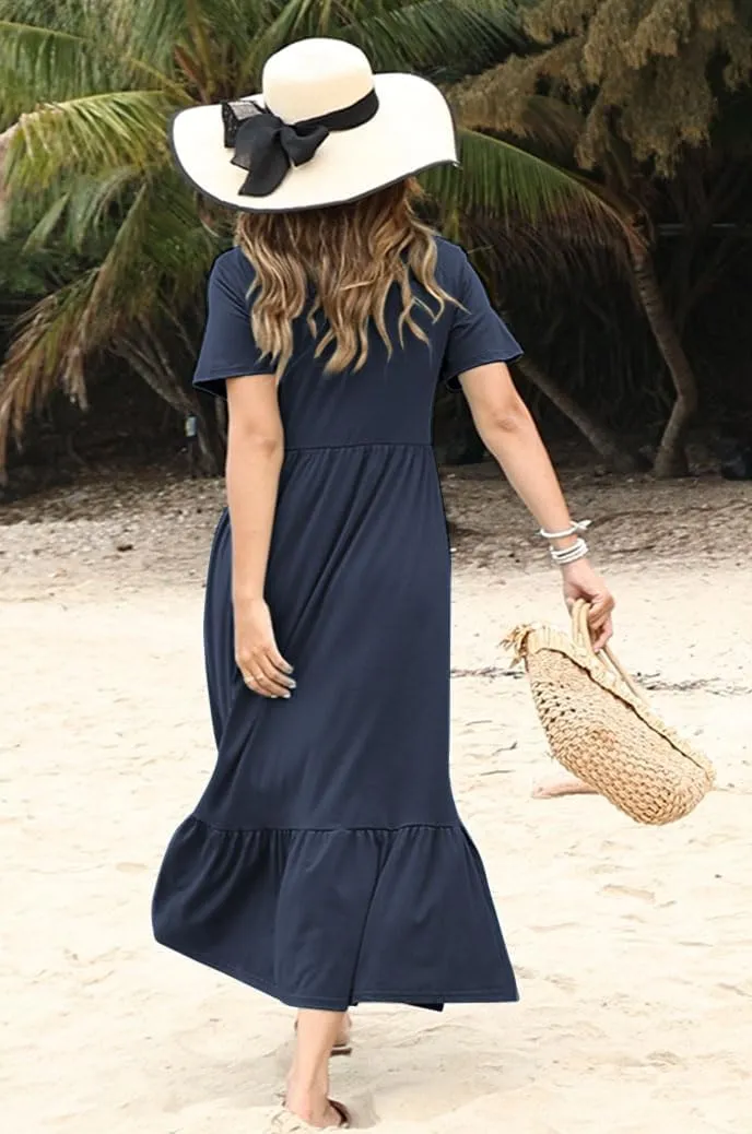 Women's Smocked Elastic Waist Tiered Midi Dress Short Sleeve Swing Summer Maxi Beach Sundress with Hem Side Split