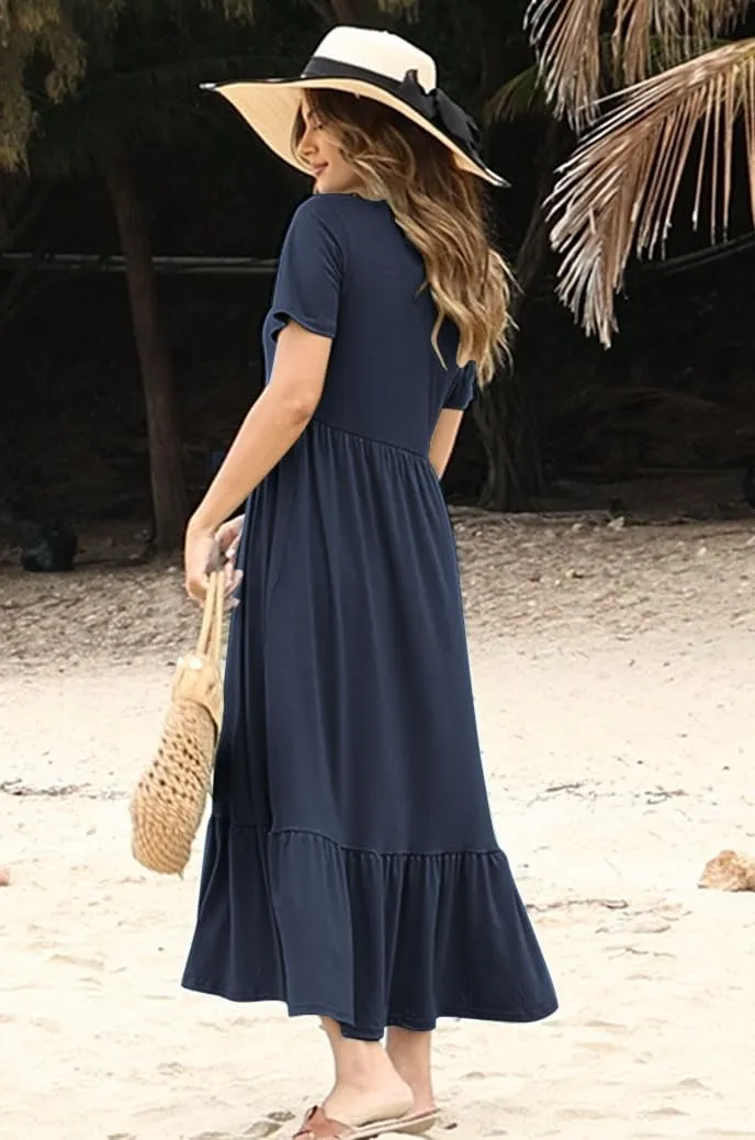 Women's Smocked Elastic Waist Tiered Midi Dress Short Sleeve Swing Summer Maxi Beach Sundress with Hem Side Split