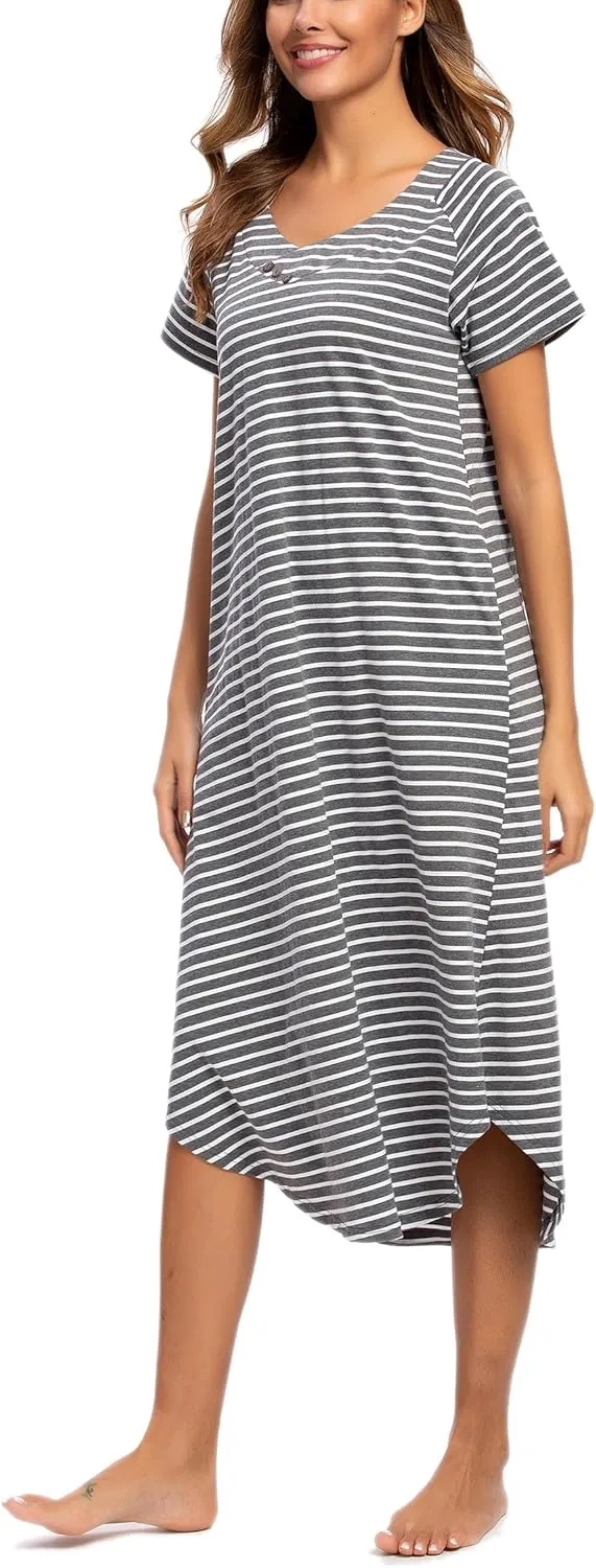 YOZLY Nightgowns for Women Short Sleeve Long Night Gowns Soft V Neck Sleepwear with Pockets