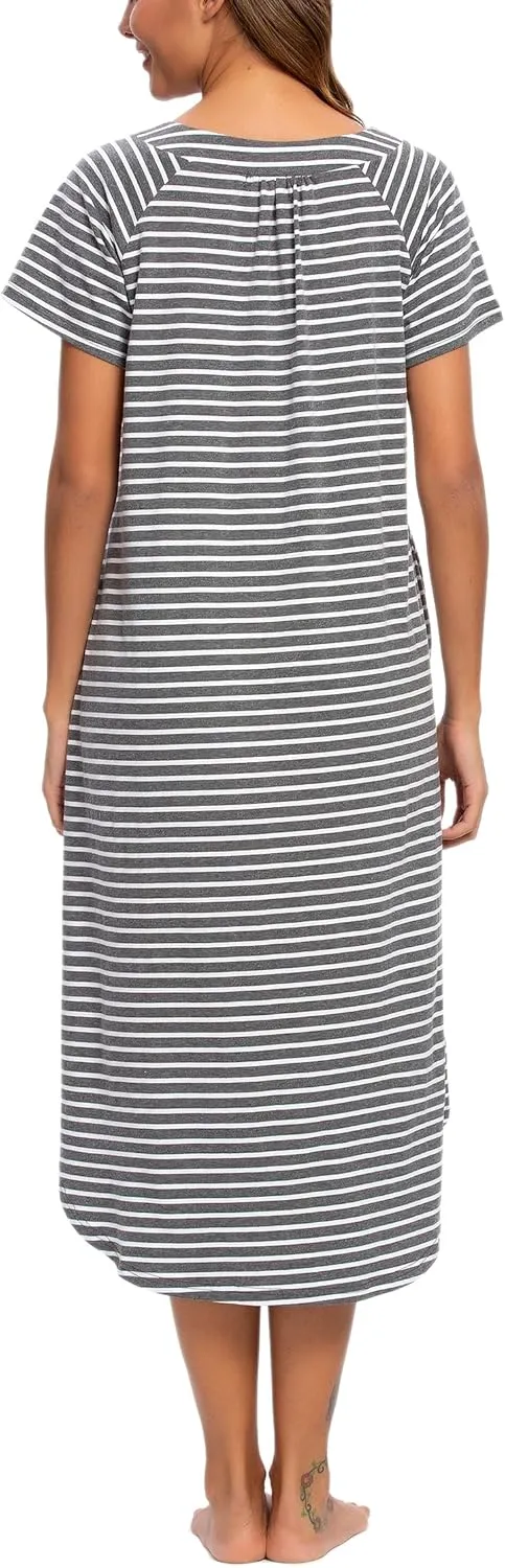 YOZLY Nightgowns for Women Short Sleeve Long Night Gowns Soft V Neck Sleepwear with Pockets