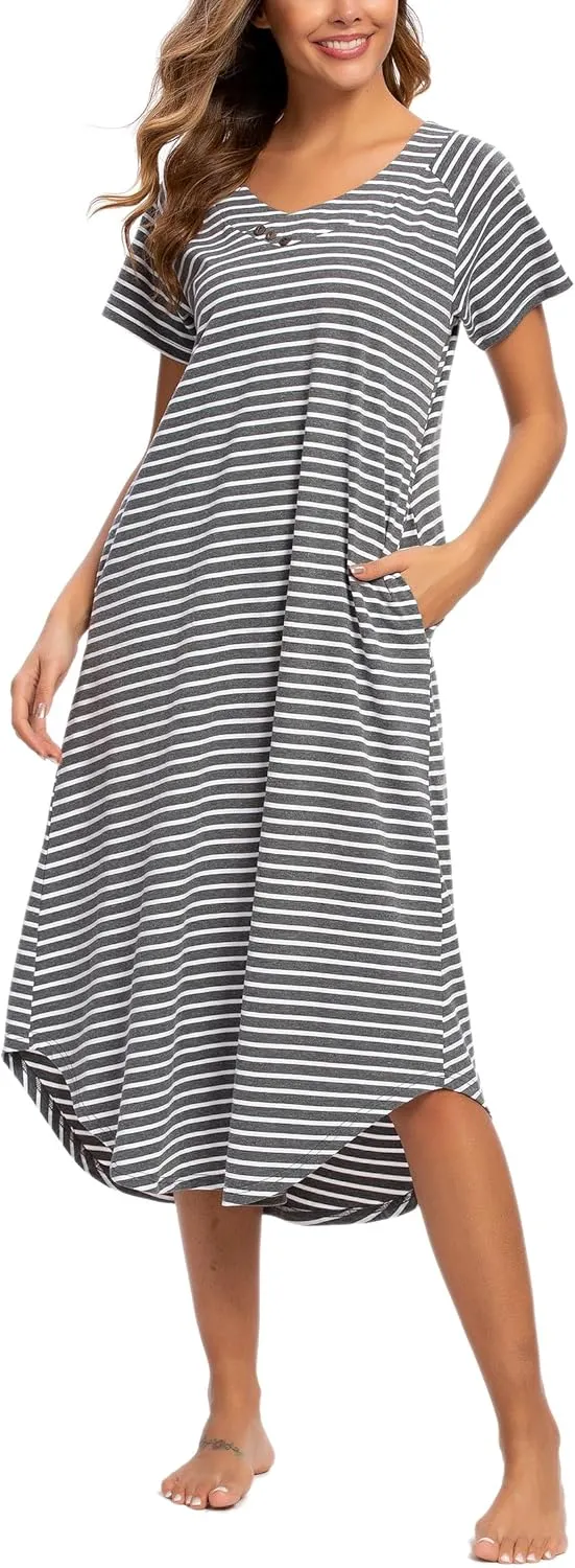 YOZLY Nightgowns for Women Short Sleeve Long Night Gowns Soft V Neck Sleepwear with Pockets