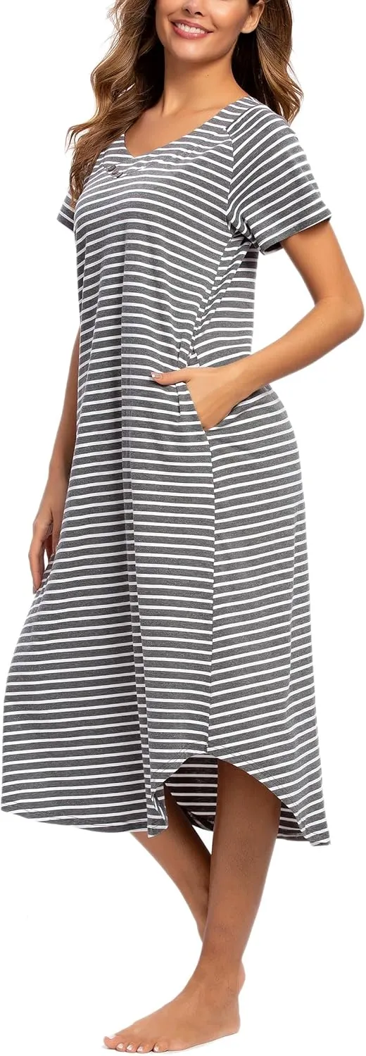 YOZLY Nightgowns for Women Short Sleeve Long Night Gowns Soft V Neck Sleepwear with Pockets