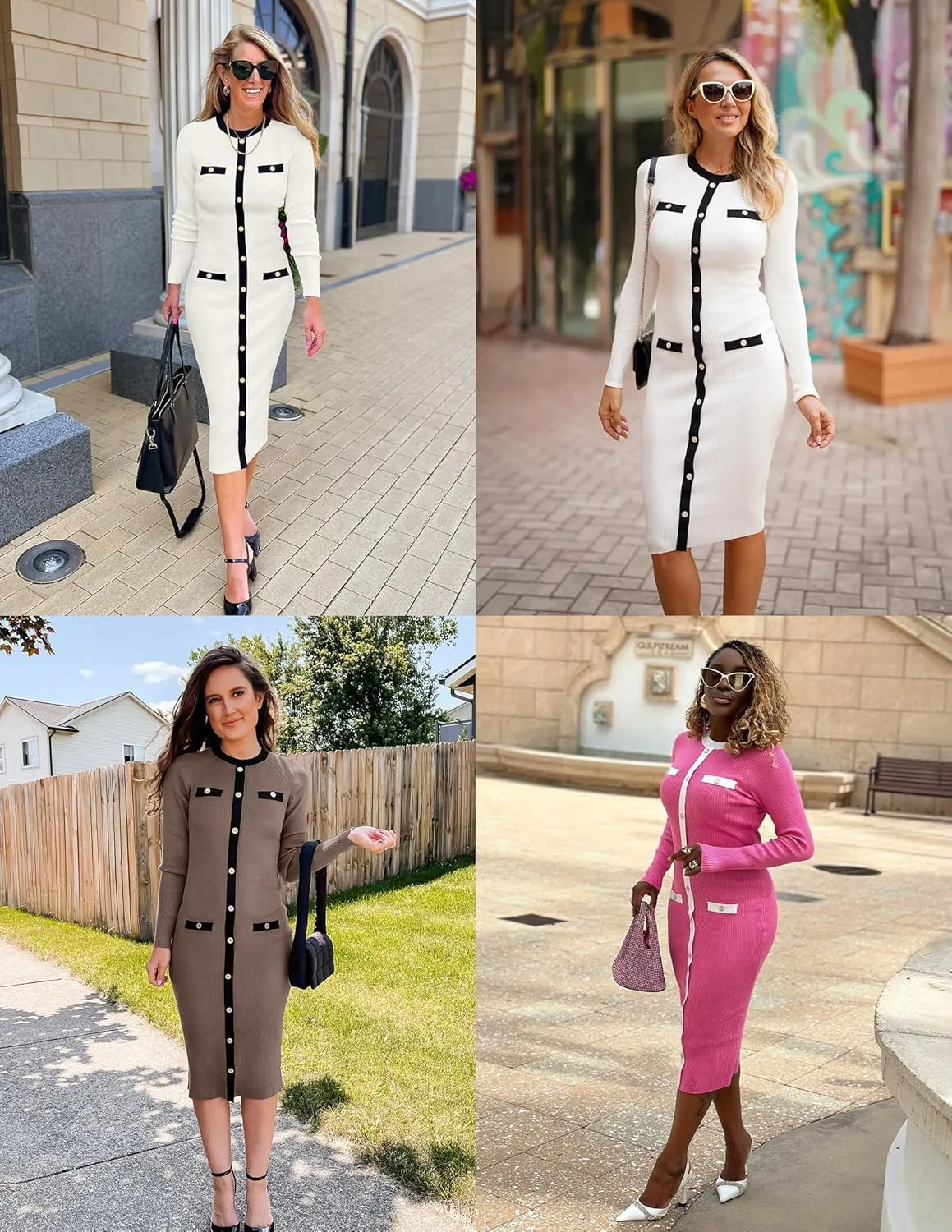ZESICA Women's Ribbed Crewneck Sweater Dress 2024 Fall Winter Long Sleeve Button Color Block Knit Midi Dresses
