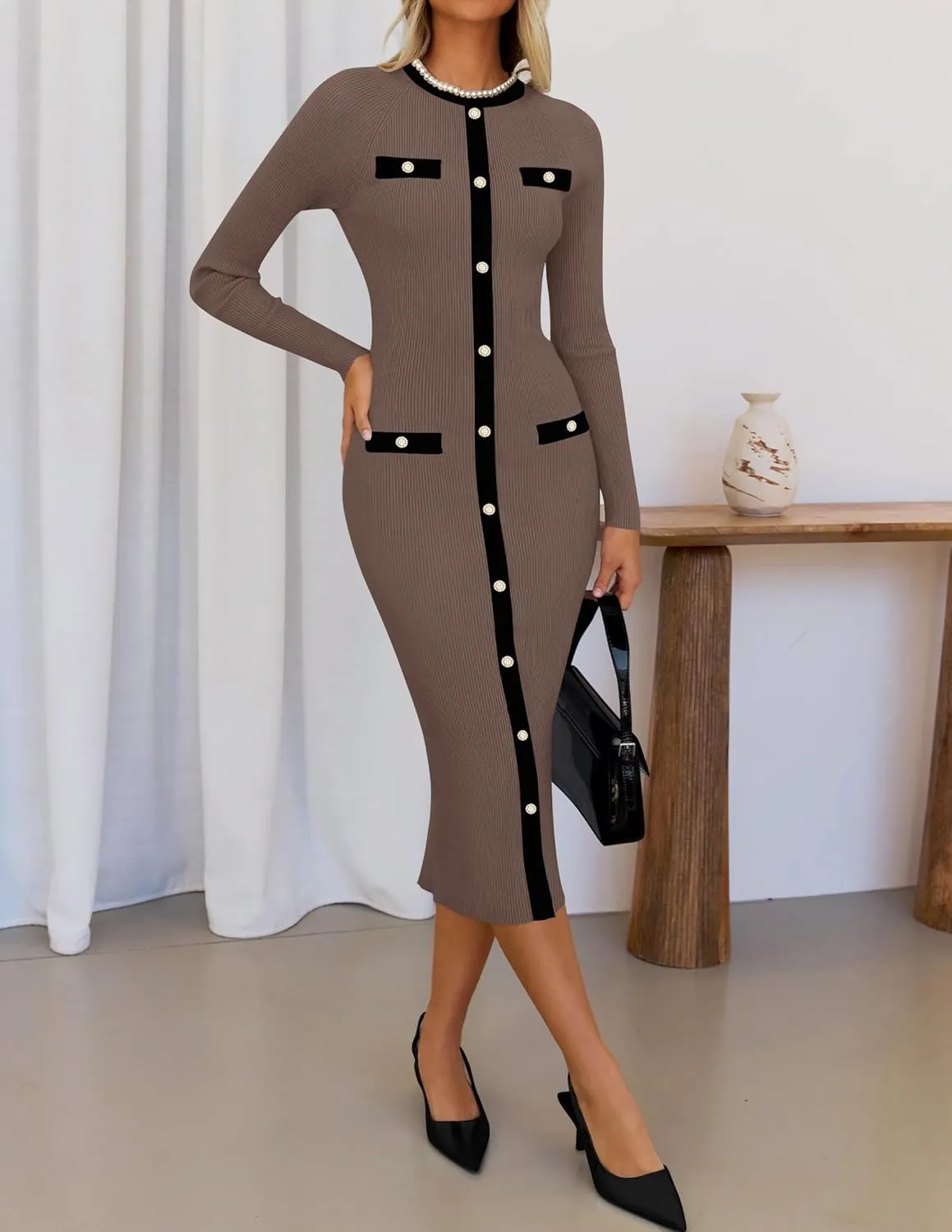 ZESICA Women's Ribbed Crewneck Sweater Dress 2024 Fall Winter Long Sleeve Button Color Block Knit Midi Dresses