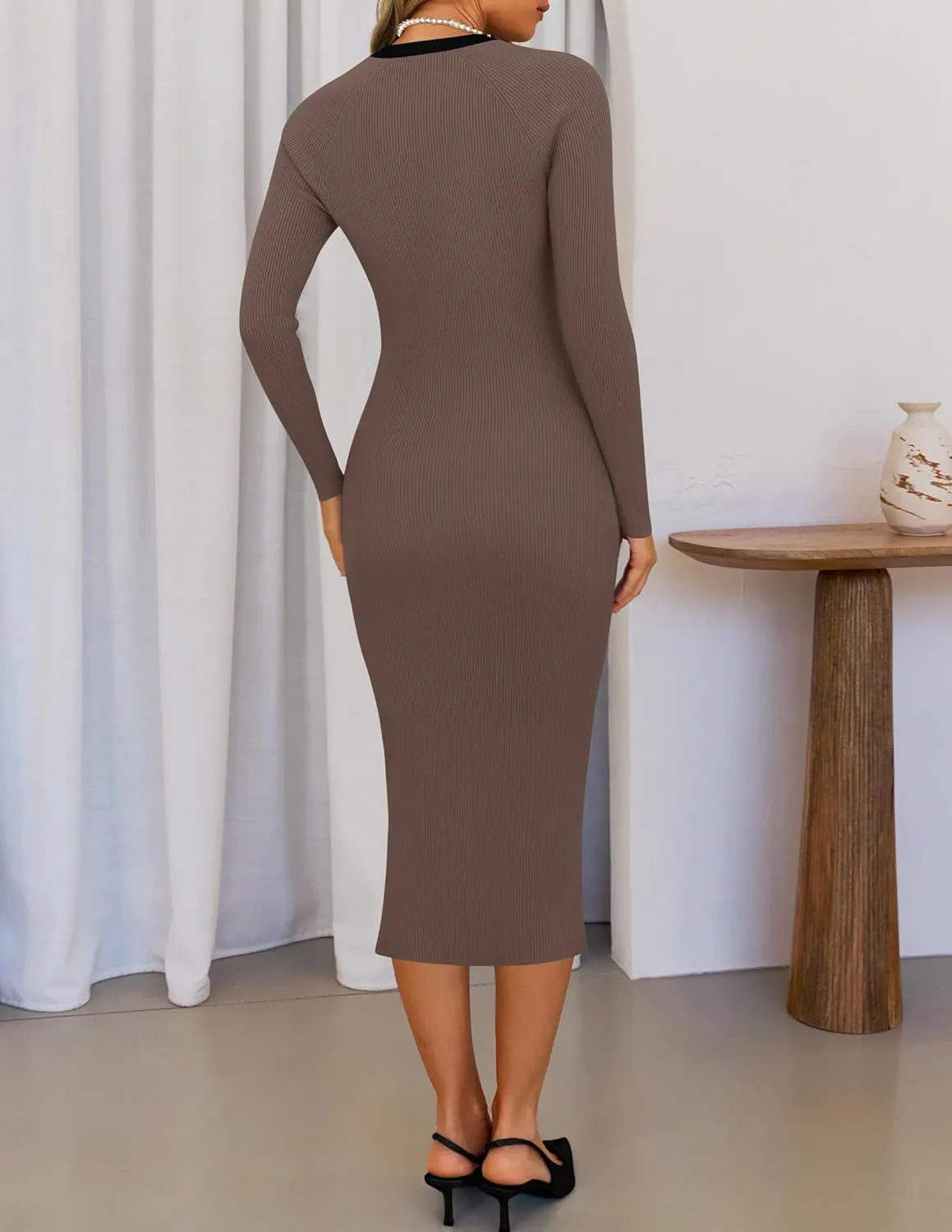 ZESICA Women's Ribbed Crewneck Sweater Dress 2024 Fall Winter Long Sleeve Button Color Block Knit Midi Dresses