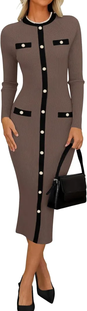 ZESICA Women's Ribbed Crewneck Sweater Dress 2024 Fall Winter Long Sleeve Button Color Block Knit Midi Dresses
