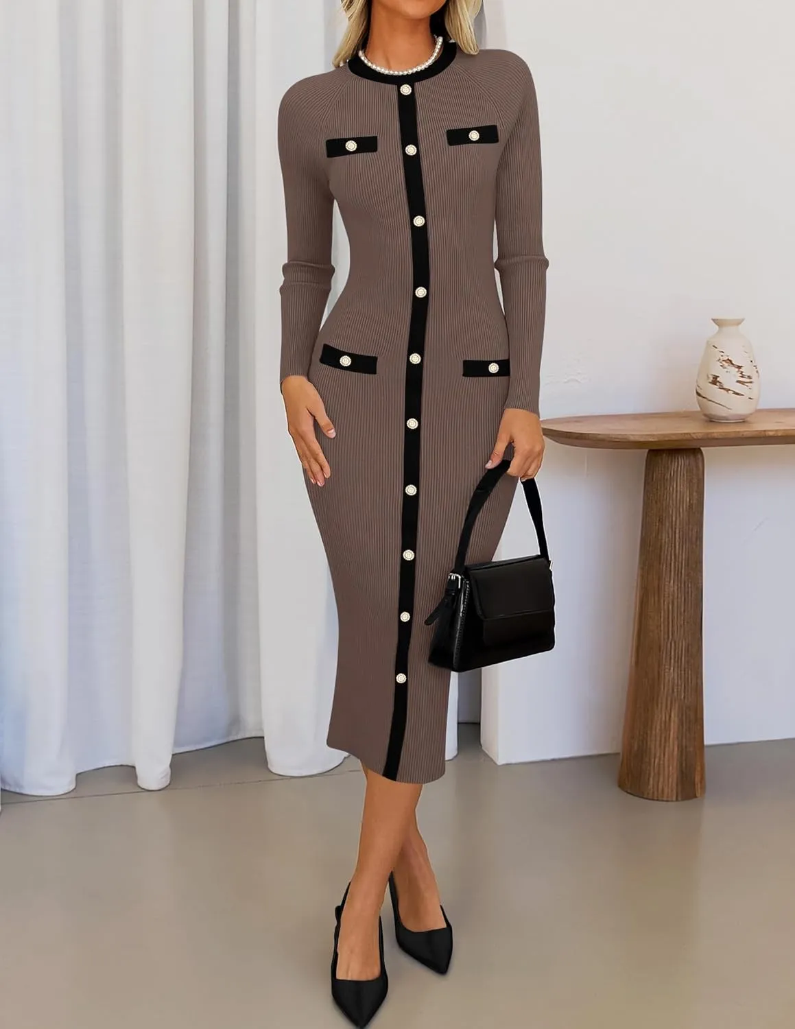 ZESICA Women's Ribbed Crewneck Sweater Dress 2024 Fall Winter Long Sleeve Button Color Block Knit Midi Dresses